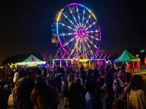 A vibrant carnival scene at night, featuring a colorful Ferris wheel and crowds enjoying the festivities.