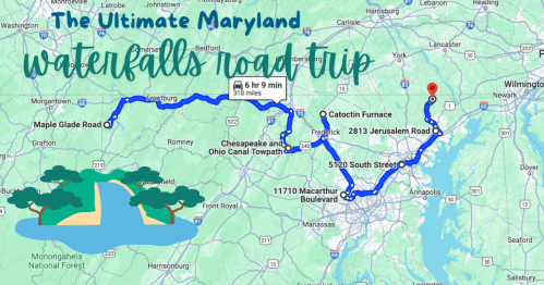 Map of a road trip route in Maryland highlighting waterfalls, with key locations and travel time noted.