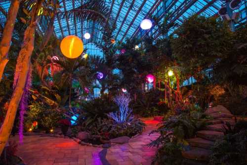 A vibrant greenhouse filled with lush plants, colorful lights, and hanging decorative spheres, creating a magical atmosphere.