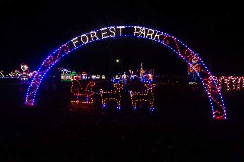 Colorful holiday lights arching over "Forest Park," with festive decorations and reindeer in the foreground.