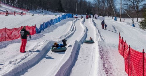 People tubing down snowy slopes with colorful barriers and trees in the background on a sunny winter day.