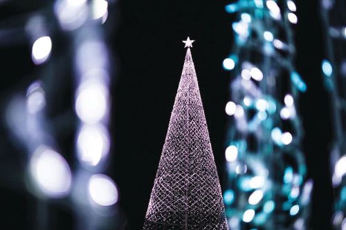 A beautifully lit Christmas tree adorned with a star on top, surrounded by shimmering blue and white lights.