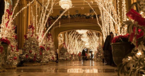 A beautifully decorated hallway with sparkling lights, Christmas trees, and festive red ribbons.