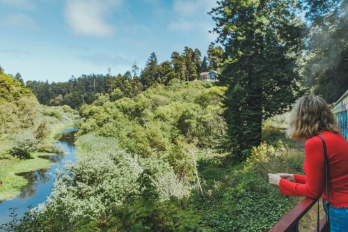 A person in a red sweater gazes at a lush green landscape with a river and a house in the distance.