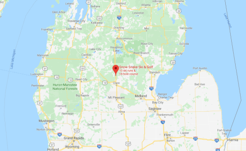 Map showing the location of Snow Snake Ski & Golf in Michigan, near Clare and Midland.