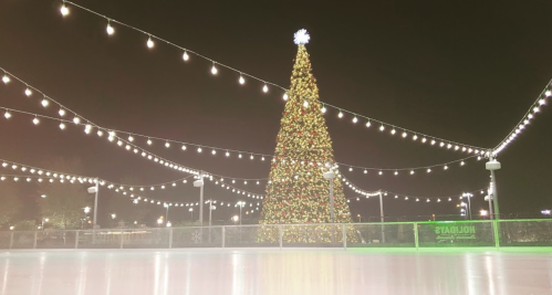 A festive ice skating rink with a large decorated Christmas tree and string lights glowing in the evening.