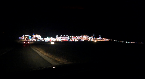 A brightly lit display of holiday lights along a dark road at night.