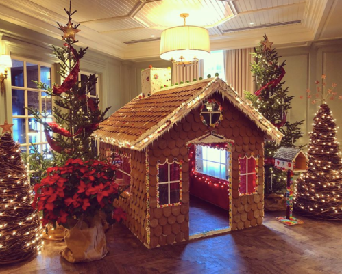 A festive gingerbread house surrounded by decorated Christmas trees and poinsettias, illuminated with lights.