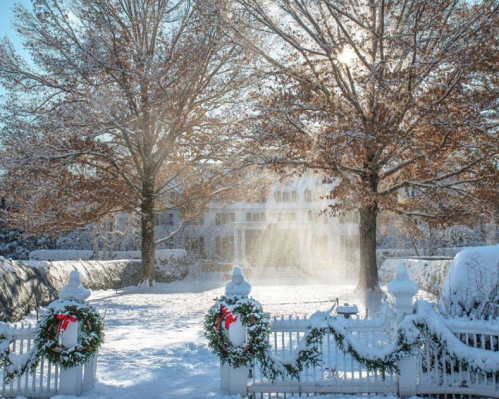 A snowy landscape with a white house in the background, surrounded by trees and festive decorations.