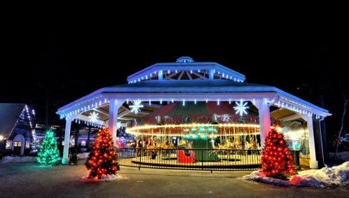 A festive carousel adorned with colorful lights, surrounded by decorated Christmas trees at night.