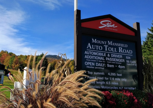 Sign for Mount Mansfield Auto Toll Road with pricing and hours, surrounded by autumn foliage and decorative grass.