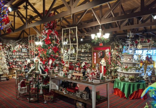 A festive shop filled with Christmas decorations, trees, and ornaments, showcasing a cozy holiday atmosphere.