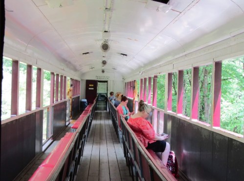 Interior of a vintage train car with several people seated along the benches, surrounded by large windows and greenery outside.