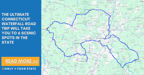 Map highlighting a scenic road trip route in Connecticut featuring six waterfall locations. Text promotes the trip.