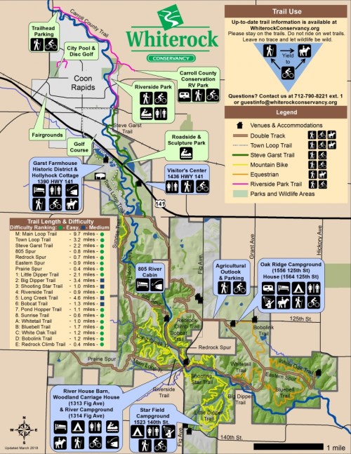 Map of Whiterock Conservancy, showing trails, parks, campgrounds, and amenities in Coon Rapids, Iowa.