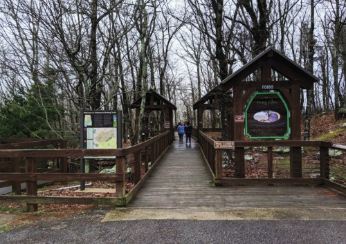 A wooden bridge leads into a forested area, with two people walking towards a sign at the entrance.