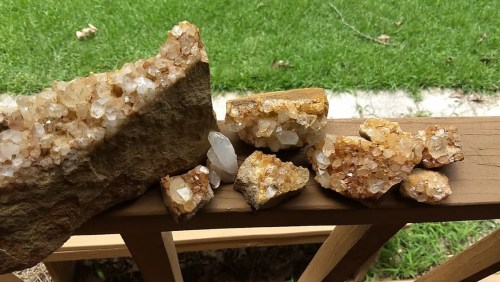 A collection of golden quartz crystals displayed on a wooden railing, with green grass in the background.