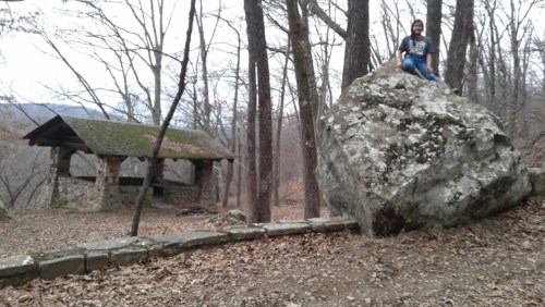 A person sits on a large rock near a stone shelter surrounded by bare trees and fallen leaves.