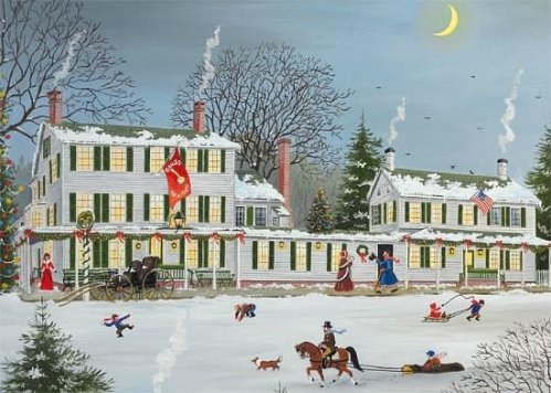A snowy scene with two festive houses, children playing, a horse-drawn carriage, and holiday decorations.