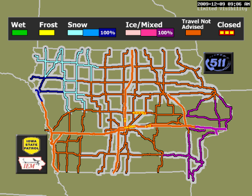 Map of Iowa showing road conditions: wet, frost, snow, ice/mixed, with travel advisories and closures.