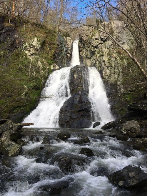 A cascading waterfall flows down rocky cliffs, surrounded by lush greenery and a rushing river below.