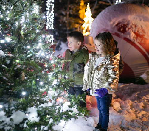 Two children admire a decorated Christmas tree in a snowy setting, surrounded by festive lights and decorations.