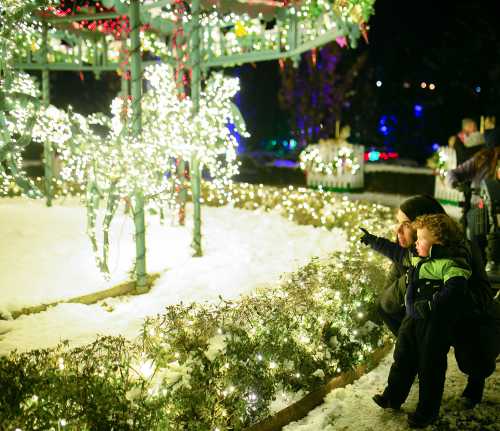 A parent and child admire festive lights in a snowy park, surrounded by glowing decorations and holiday cheer.