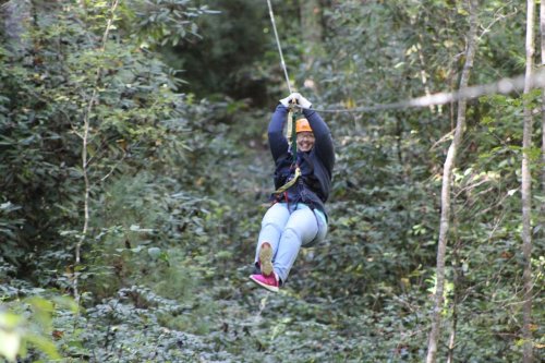 A person in a helmet zip-lining through a forested area, surrounded by trees and greenery.