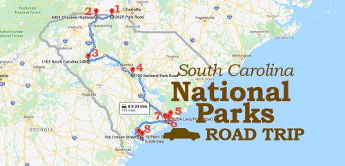 Map of South Carolina highlighting a road trip route through various national parks, with numbered stops and distances.