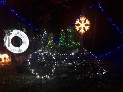 A decorated wagon with colorful lights, featuring a snowflake and Christmas trees, set in a dark, festive outdoor scene.