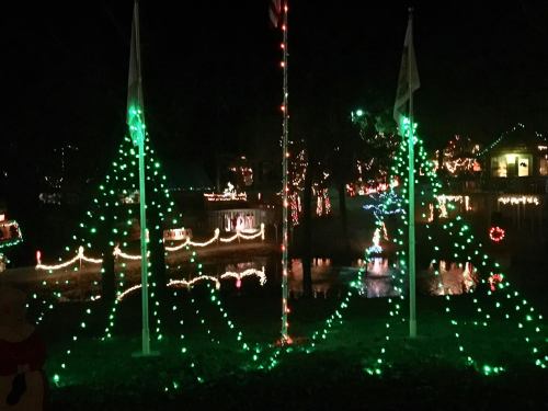 Colorful Christmas lights illuminate a festive scene at night, with green trees and reflections on the water.