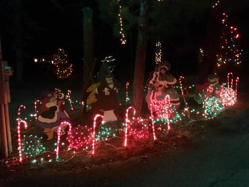 Colorful holiday lights and decorations, including candy canes and festive figures, illuminate a dark outdoor scene.