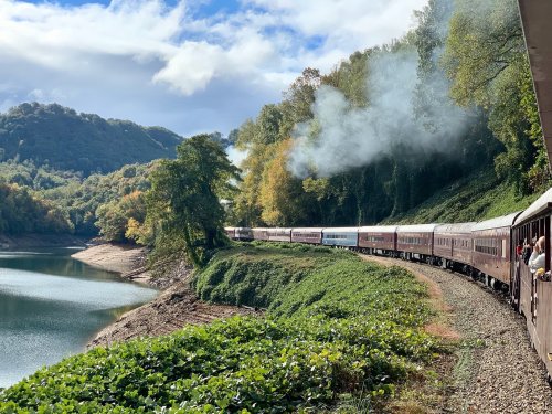 A vintage train travels along a scenic lakeside, surrounded by lush trees and a clear blue sky.