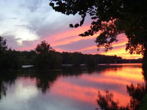 A serene river at sunset, reflecting vibrant pink and orange hues in the sky, surrounded by lush trees.