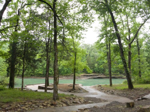 A serene river scene surrounded by lush green trees and a winding path leading to the water's edge.