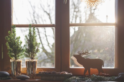A cozy window scene with small evergreen plants, a wooden reindeer silhouette, and soft sunlight filtering through.