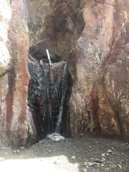A narrow waterfall flows down rocky terrain, with a metal ladder leaning against the cliffside.
