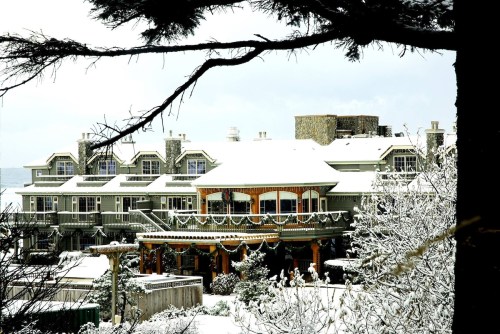 A snow-covered hotel surrounded by trees, with festive decorations and a serene winter landscape.