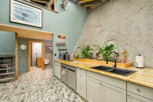 A modern kitchen with a wooden countertop, sink, and plants, featuring a stone wall and open layout.