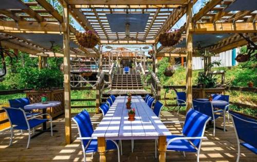 Outdoor dining area with wooden decking, blue chairs, and potted plants, surrounded by greenery and a staircase in the background.