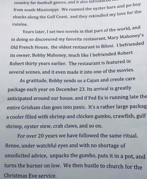 A handwritten note discussing a restaurant, friendship, and a holiday meal package from a local eatery.