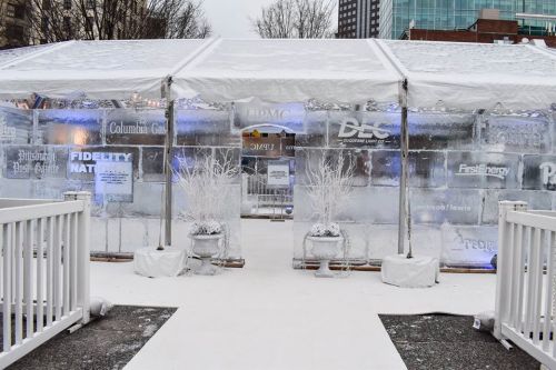 A winter scene featuring an ice structure with logos, surrounded by white decorations and a snowy pathway.