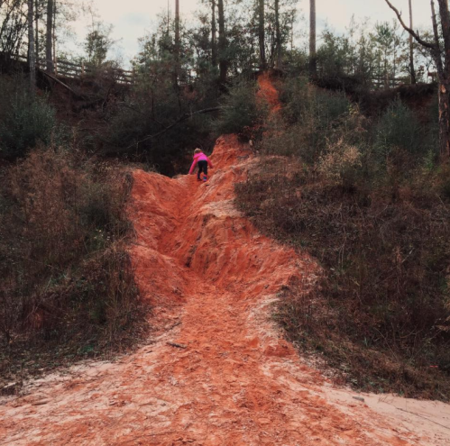 A person in a pink jacket climbs a steep, reddish dirt slope surrounded by trees and greenery.