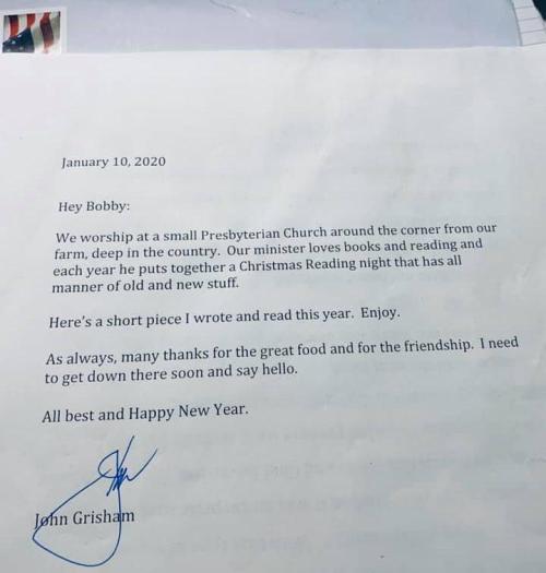 A handwritten letter dated January 10, 2020, from John Grisham to Bobby, discussing a Christmas Reading night.