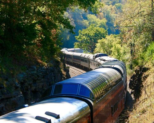 A train winds through a lush, green landscape, surrounded by trees and rocky terrain on a sunny day.