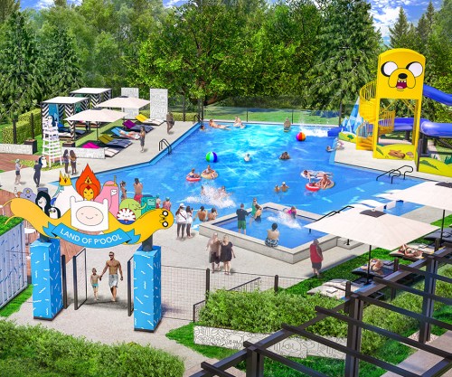 A vibrant pool area with colorful slides, people swimming, and playful decorations, surrounded by trees and lounge chairs.