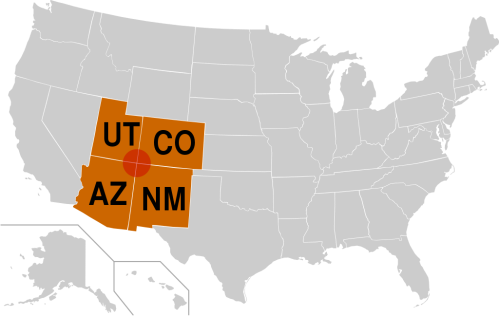 Map of the United States highlighting Utah, Colorado, Arizona, and New Mexico in orange.