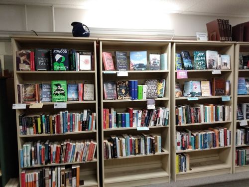 Bookshelves filled with a variety of books, including fiction and non-fiction, in a cozy library setting.