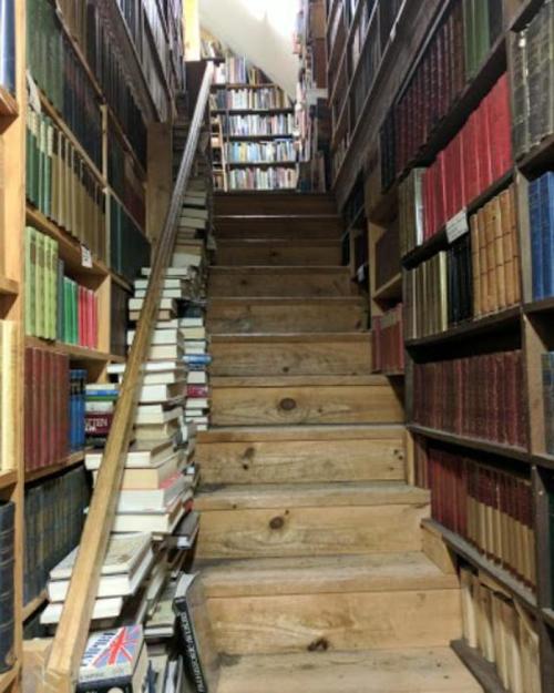 A wooden staircase surrounded by tall bookshelves filled with colorful books.