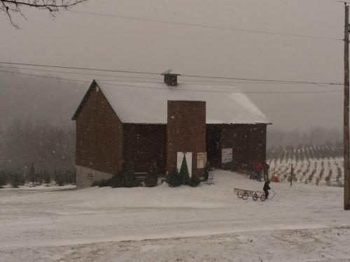 A snowy scene featuring a rustic barn with a person pulling a sled in front, surrounded by evergreen trees.